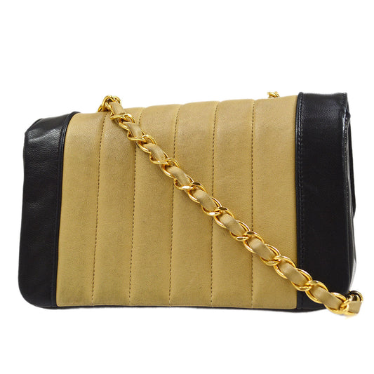 CHANEL★ 1993 Vertical Border Flap Mini Beige Black Lambskin 64721