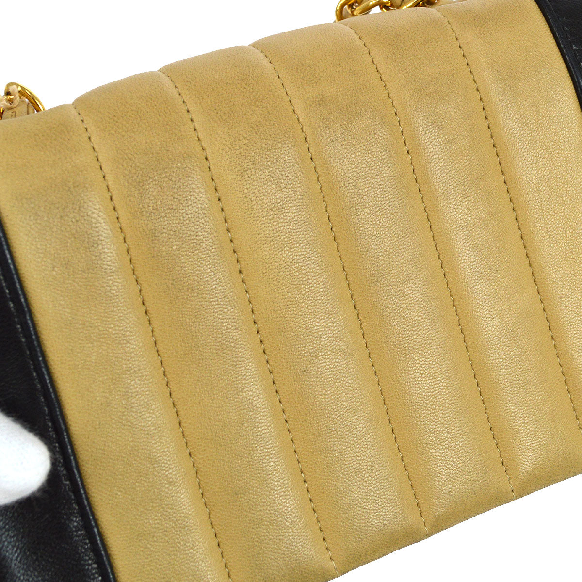 CHANEL★ 1993 Vertical Border Flap Mini Beige Black Lambskin 64721