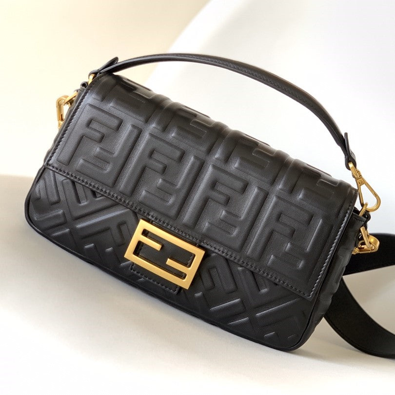 Luxury FendiFend Baguette 27 Bag With FF Motif Black Leather Ghw