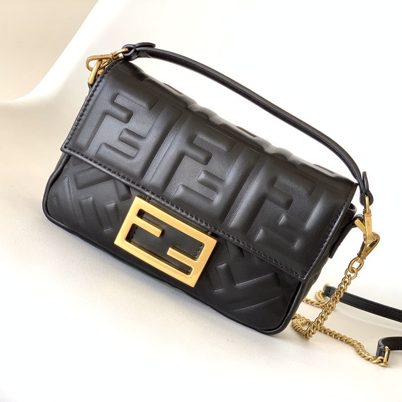 Luxury FendiMini Baguette Bag 20 With FF Motif Black Leather Ghw