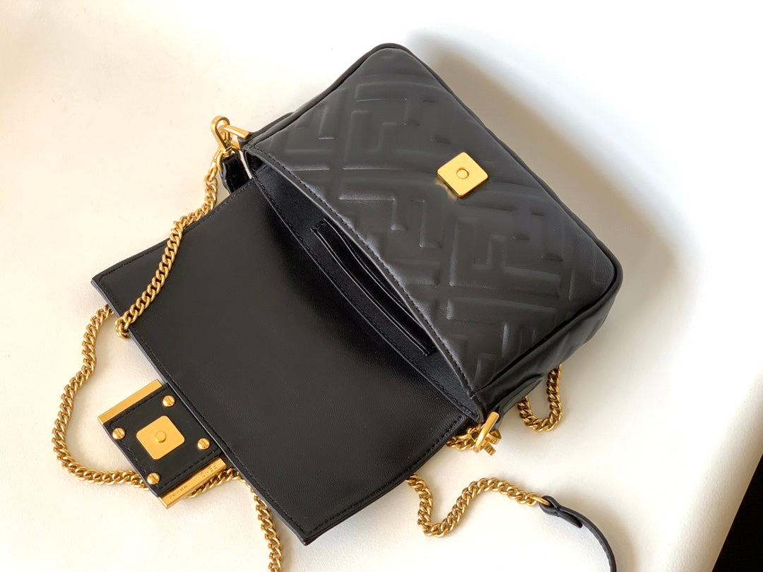 Luxury FendiMini Baguette Bag 20 With FF Motif Black Leather Ghw