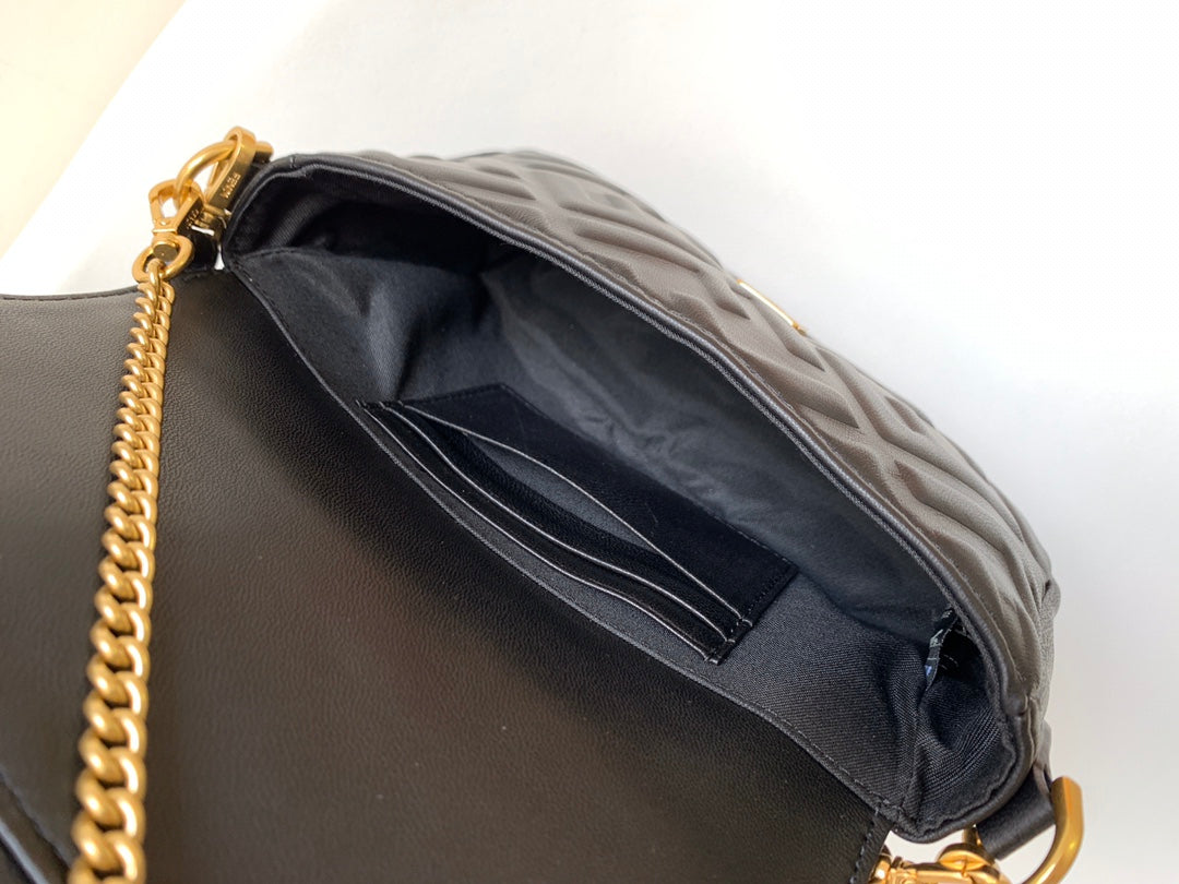 Luxury FendiMini Baguette Bag 20 With FF Motif Black Leather Ghw