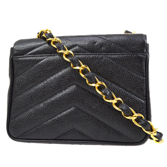 CHANEL★ 1994-1996 Black Caviar Chevron Letter Flap Bag 75337