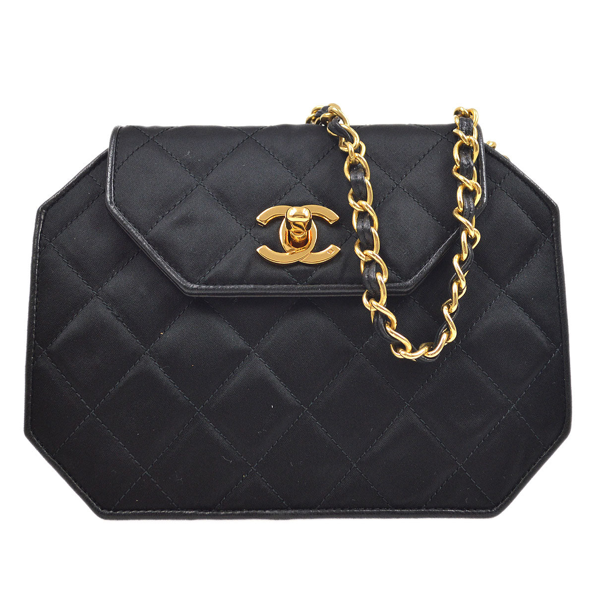 CHANEL★ 1989-1991 Black Satin Octagonal Flap Bag A41381c