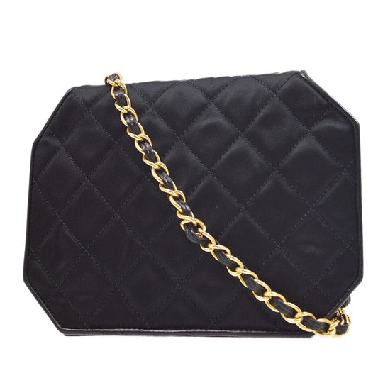 CHANEL★ 1989-1991 Black Satin Octagonal Flap Bag A41381c