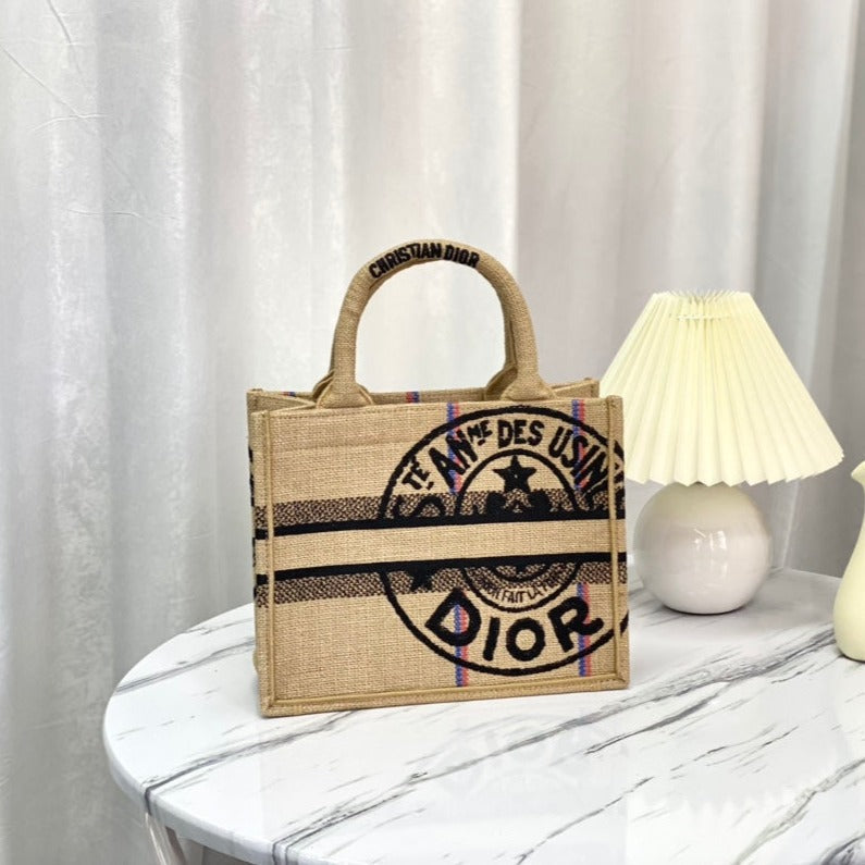 Luxury DiorSHOPPING BAG 26 IN BEIGE AND BLACK EMBROIDERED CANVAS