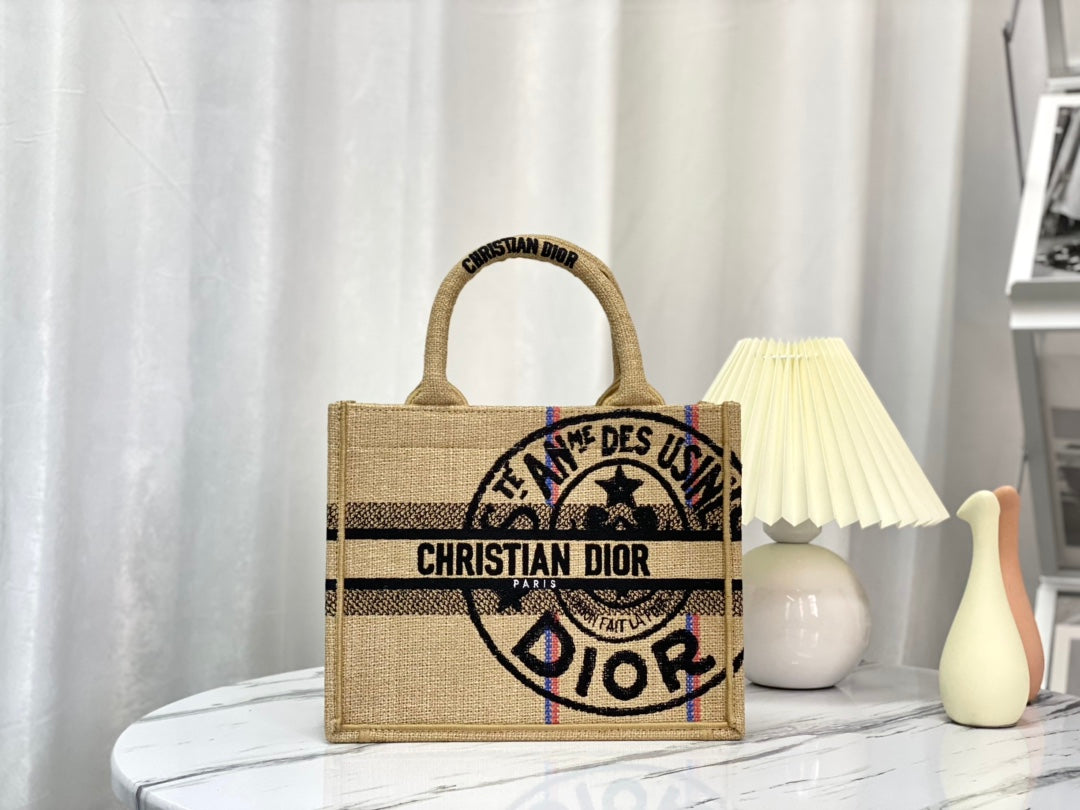 Luxury DiorSHOPPING BAG 26 IN BEIGE AND BLACK EMBROIDERED CANVAS