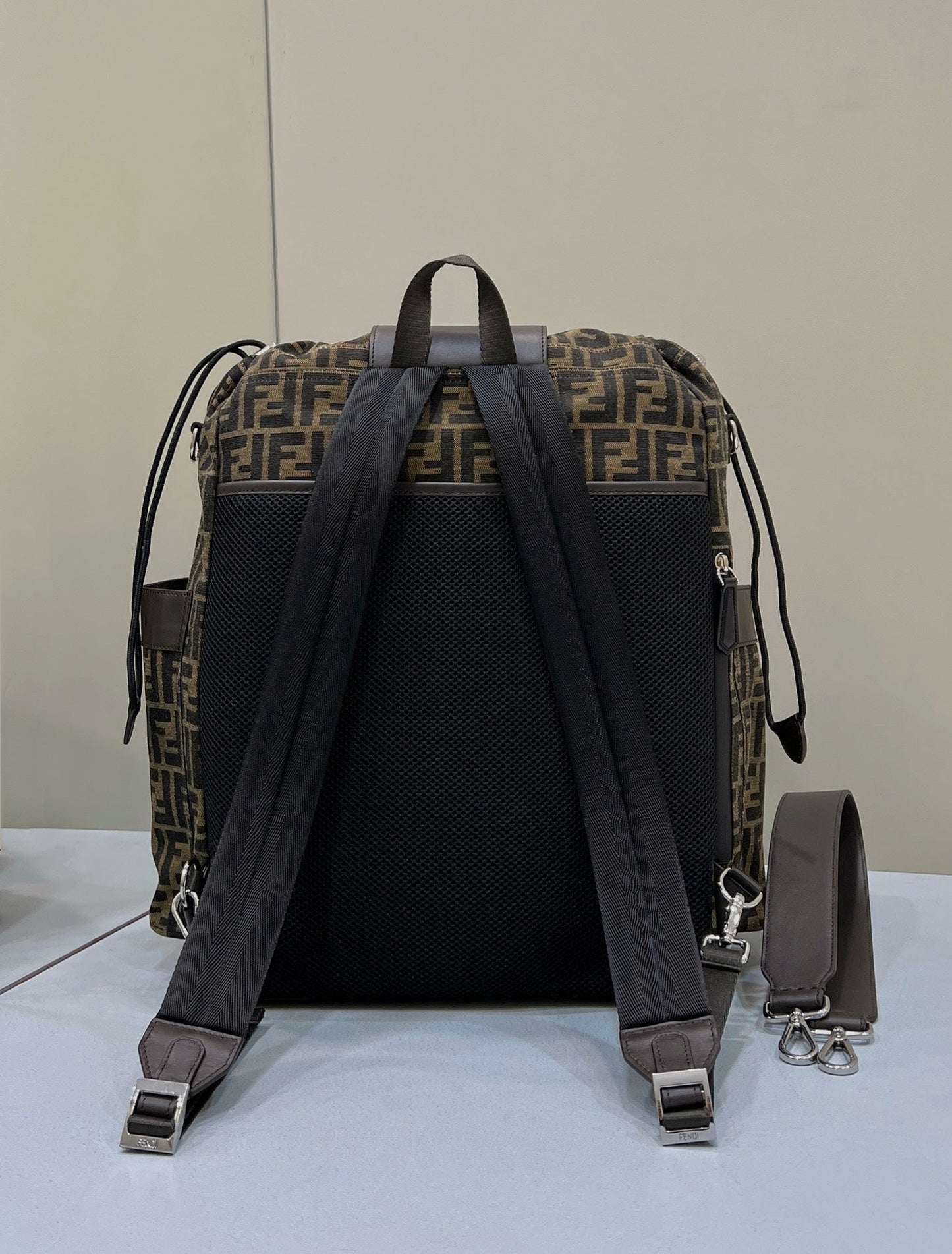 Luxury FendiLuxury FendiSTRIKE LARGE 46 FF MOCHA BROWN JACQUARD FABRIC BACKPACK