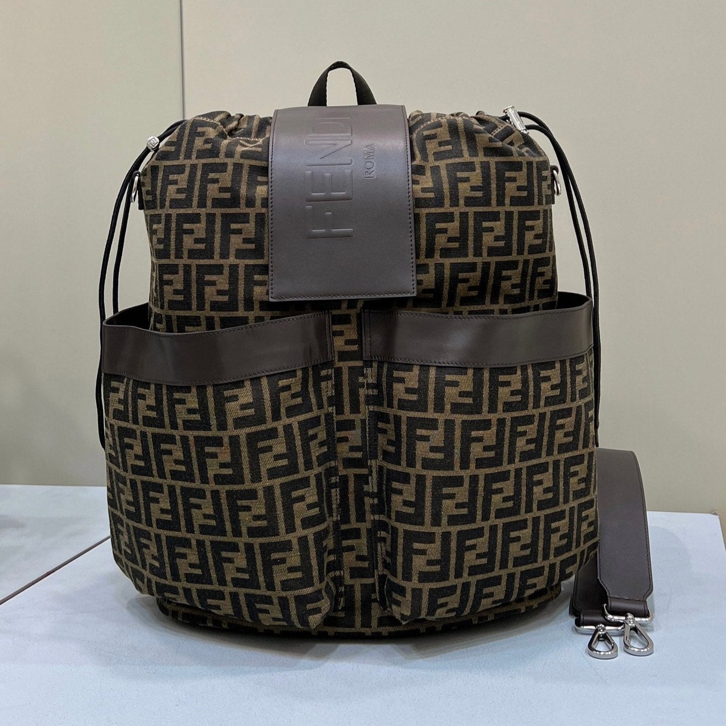 Luxury FendiLuxury FendiSTRIKE LARGE 46 FF MOCHA BROWN JACQUARD FABRIC BACKPACK