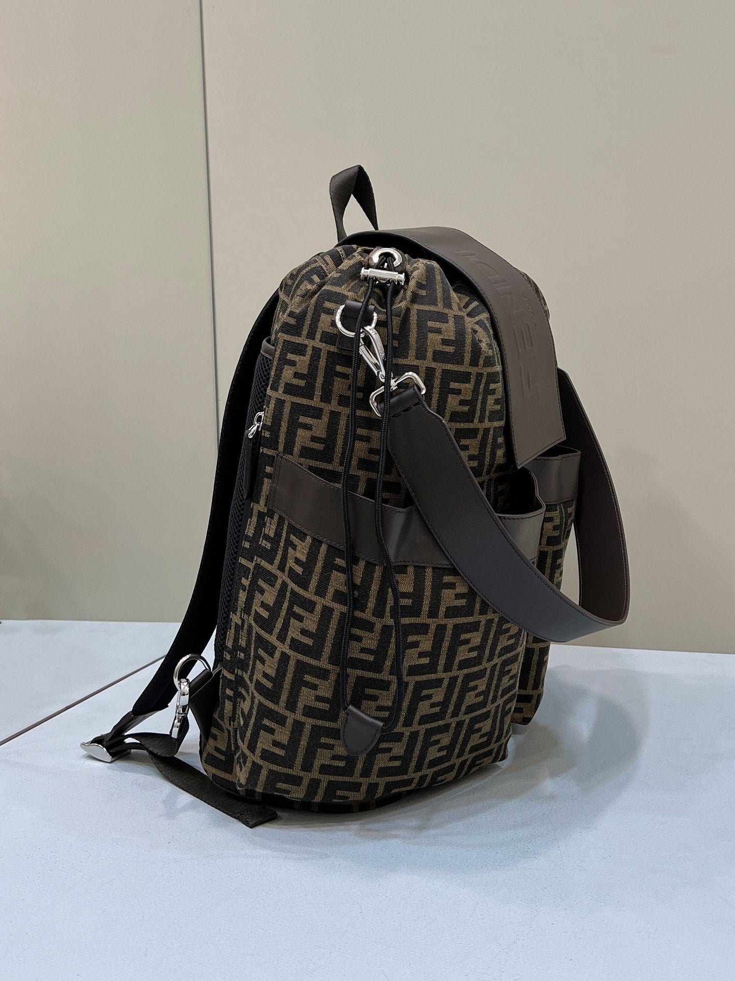 Luxury FendiLuxury FendiSTRIKE LARGE 46 FF MOCHA BROWN JACQUARD FABRIC BACKPACK