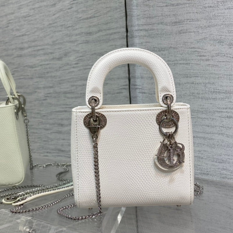 Luxury DiorMINI LADY 17 BAG IN WHITE EMBOSSED LAMBSKIN WITH SILVER CLASP