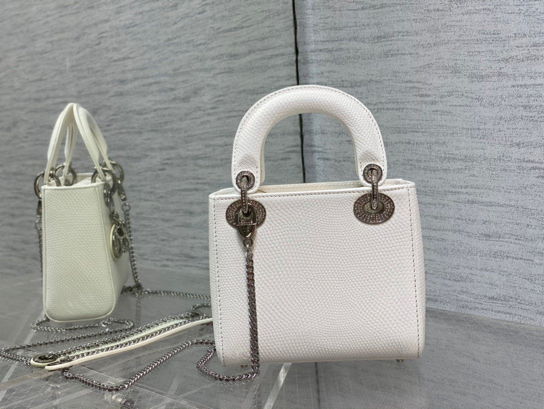 Luxury DiorMINI LADY 17 BAG IN WHITE EMBOSSED LAMBSKIN WITH SILVER CLASP