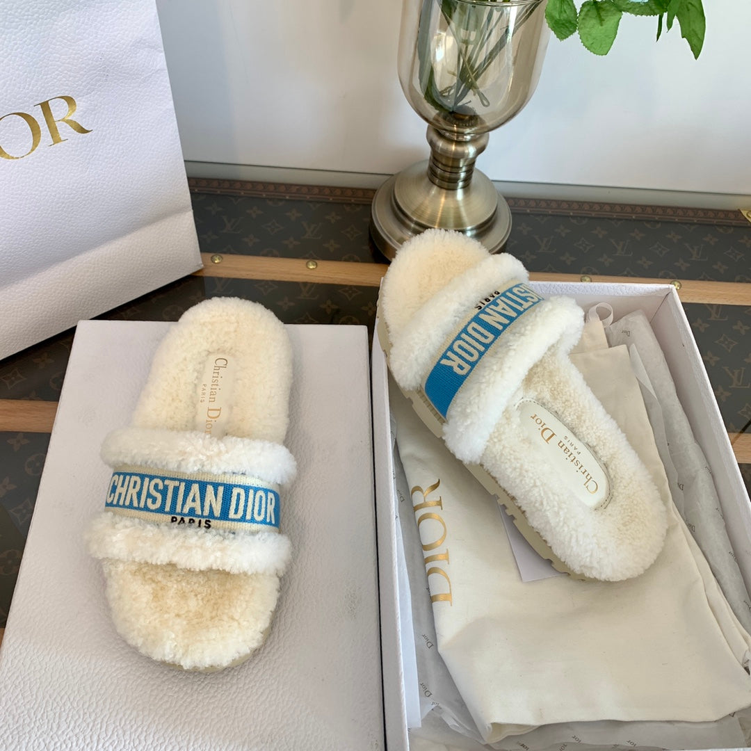 Luxury DiorDway Slide Blue White Wool Fleece Lining And Canvas Fabric