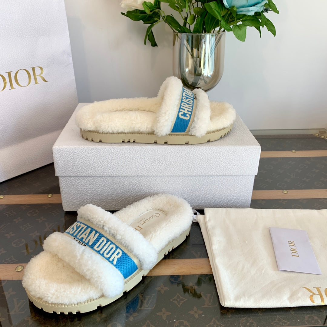 Luxury DiorDway Slide Blue White Fleece Lining And Canvas Fabric