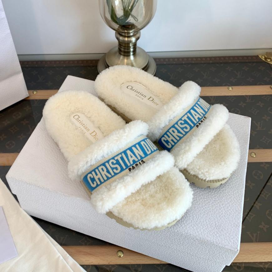 Luxury DiorDway Slide Blue White Wool Fleece Lining And Canvas Fabric