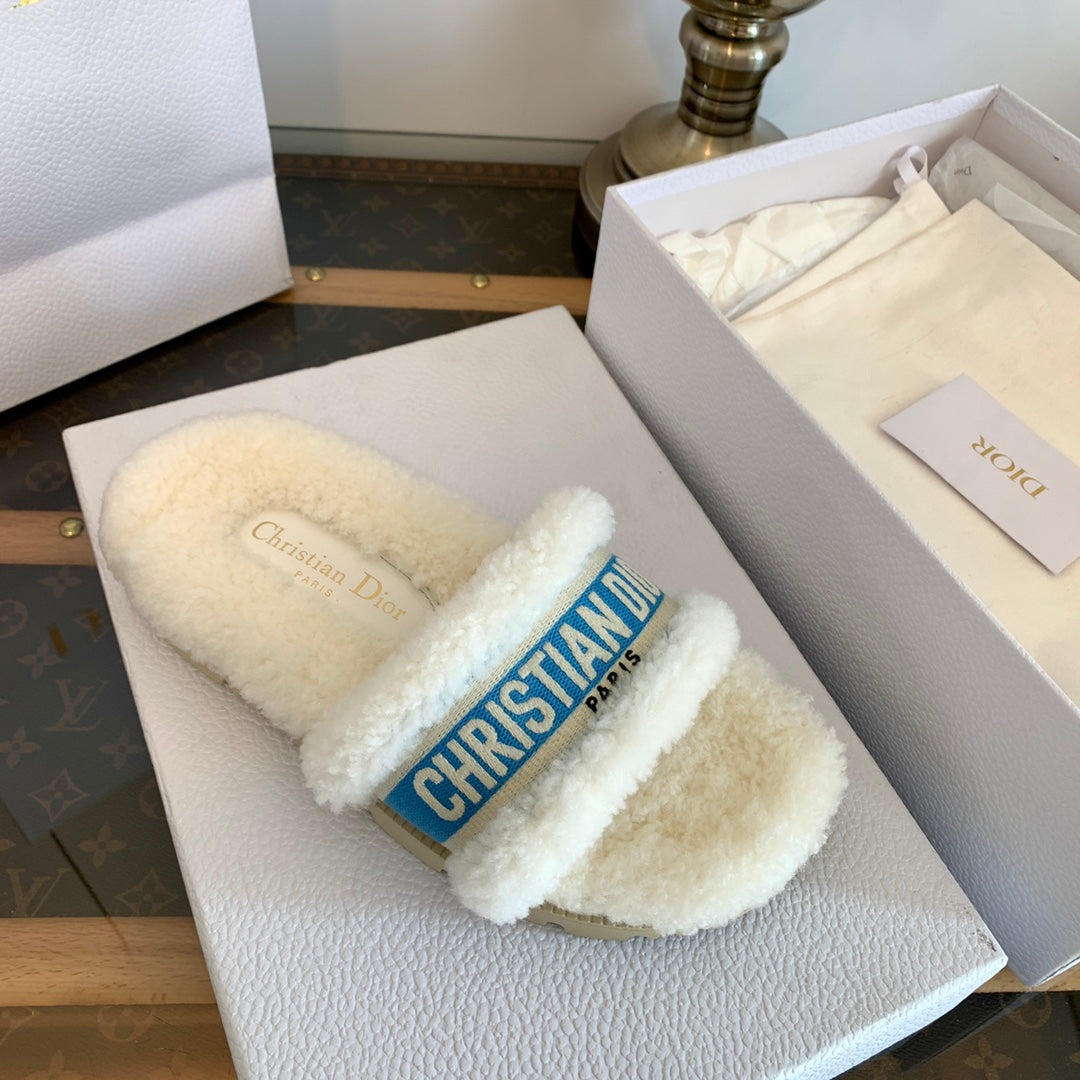Luxury DiorDway Slide Blue White Fleece Lining And Canvas Fabric