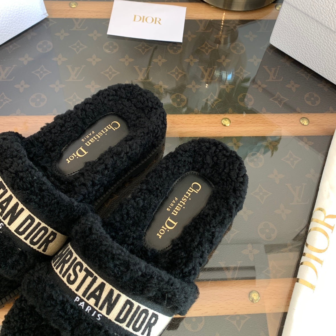 Luxury DiorDway Slide Black Fleece Lining And Canvas Fabric