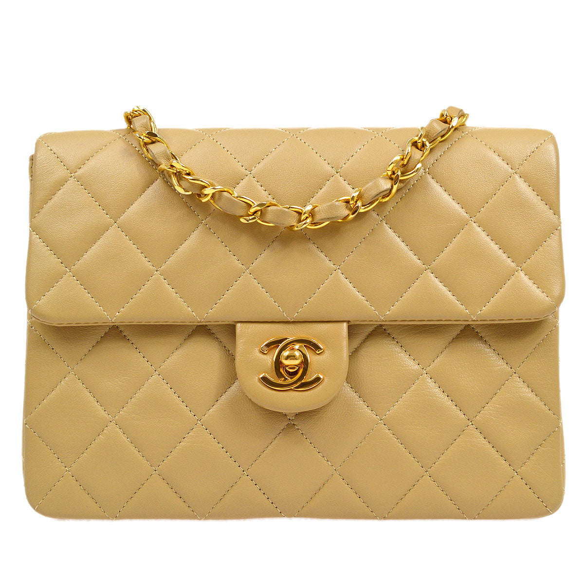CHANEL★ 1989-1991 Classic Square Flap Beige Lambskin 95971