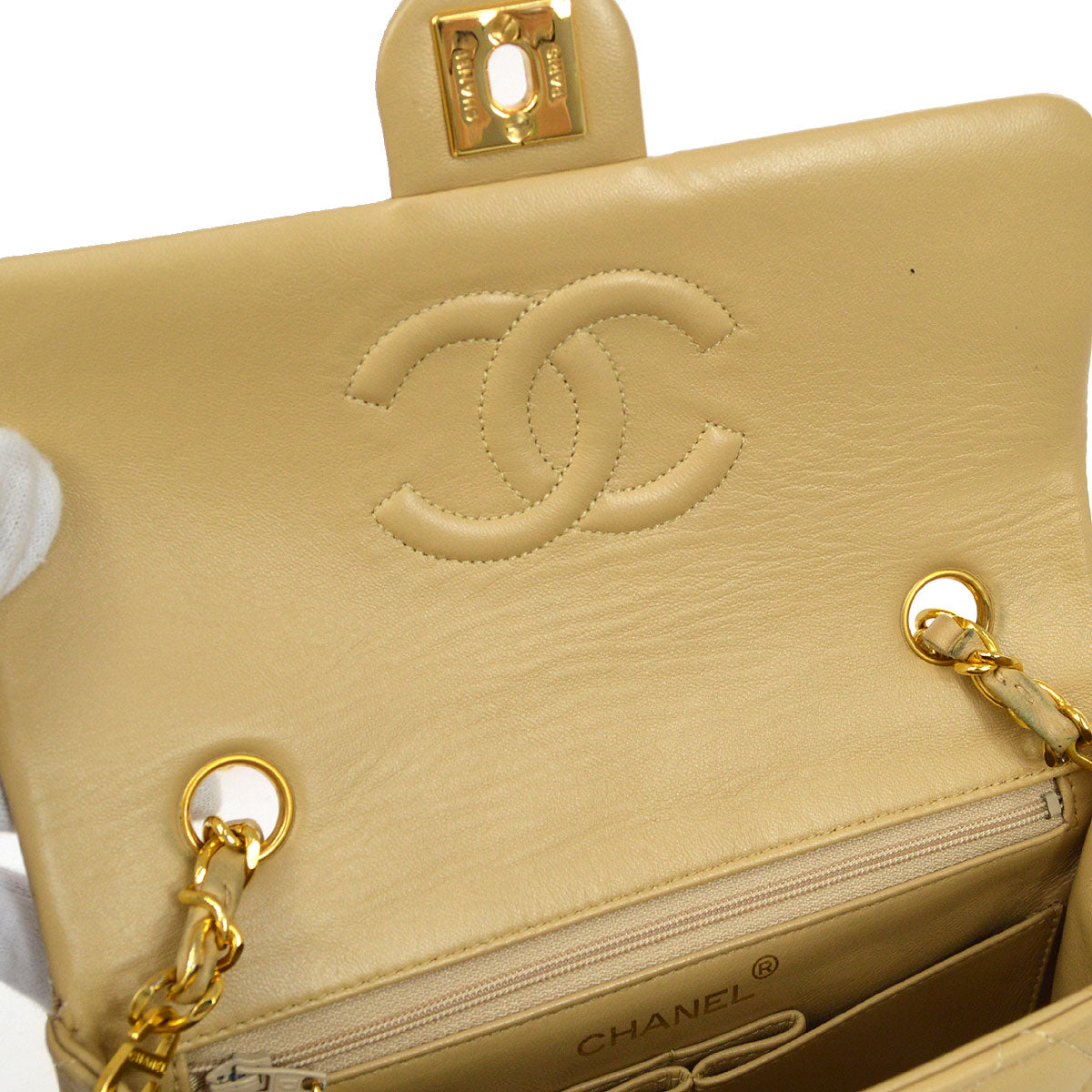 CHANEL★ 1989-1991 Classic Square Flap Beige Lambskin 95971