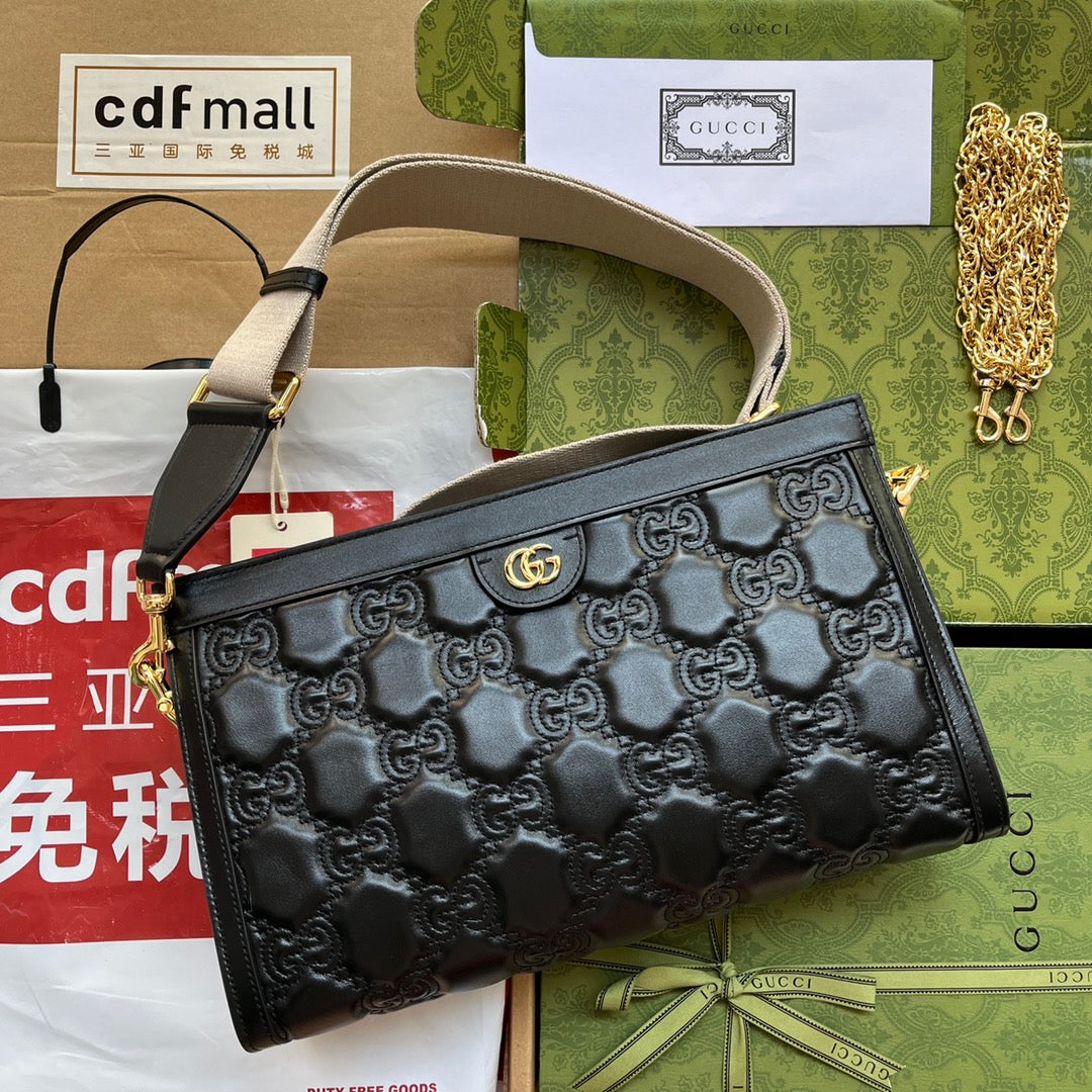 Luxury Gucci MATELASSÉ SHOULDER BAG 32 IN BLACK EMBOSSED CALFSKIN GOLD HARDWARE
