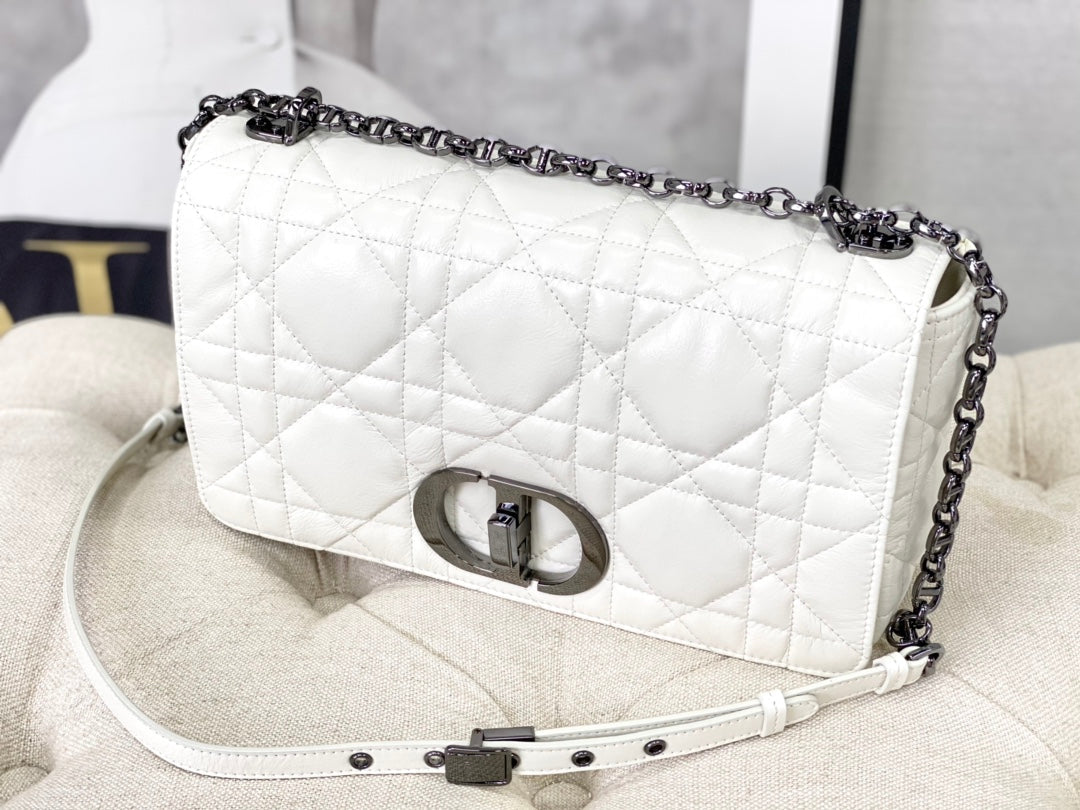 Luxury DiorLARGE CARO BAG 28 WHITE CALFSKIN BLACK HARDWARE