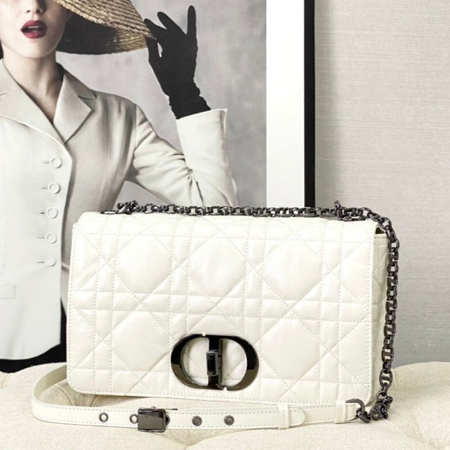 Luxury DiorLARGE CARO BAG 28 WHITE CALFSKIN BLACK HARDWARE