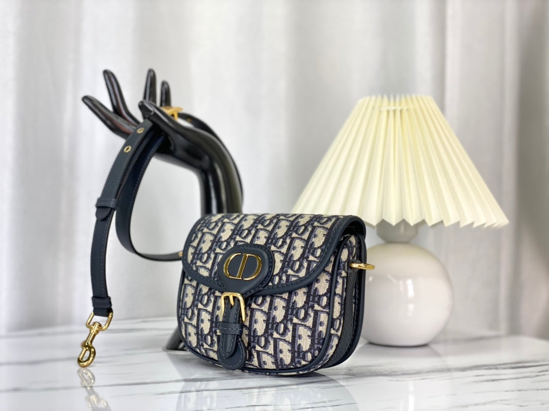 Luxury DiorSMALL BOBBY 18CM BLUE OBLIQUE CANVAS GOLD HARDWARE