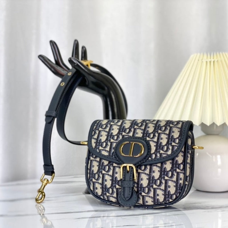 Luxury DiorSMALL BOBBY 18CM BLUE OBLIQUE CANVAS GOLD HARDWARE