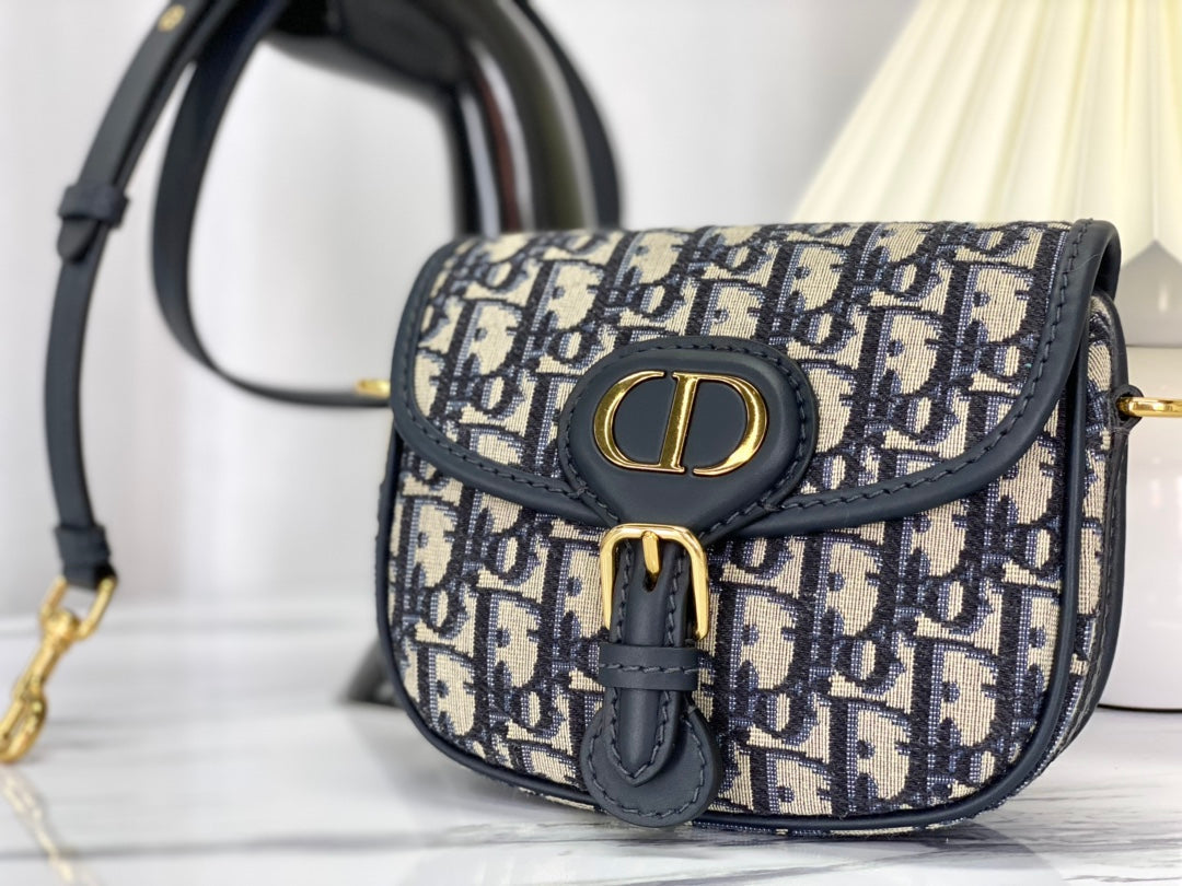 Luxury DiorSMALL BOBBY 18CM BLUE OBLIQUE CANVAS GOLD HARDWARE