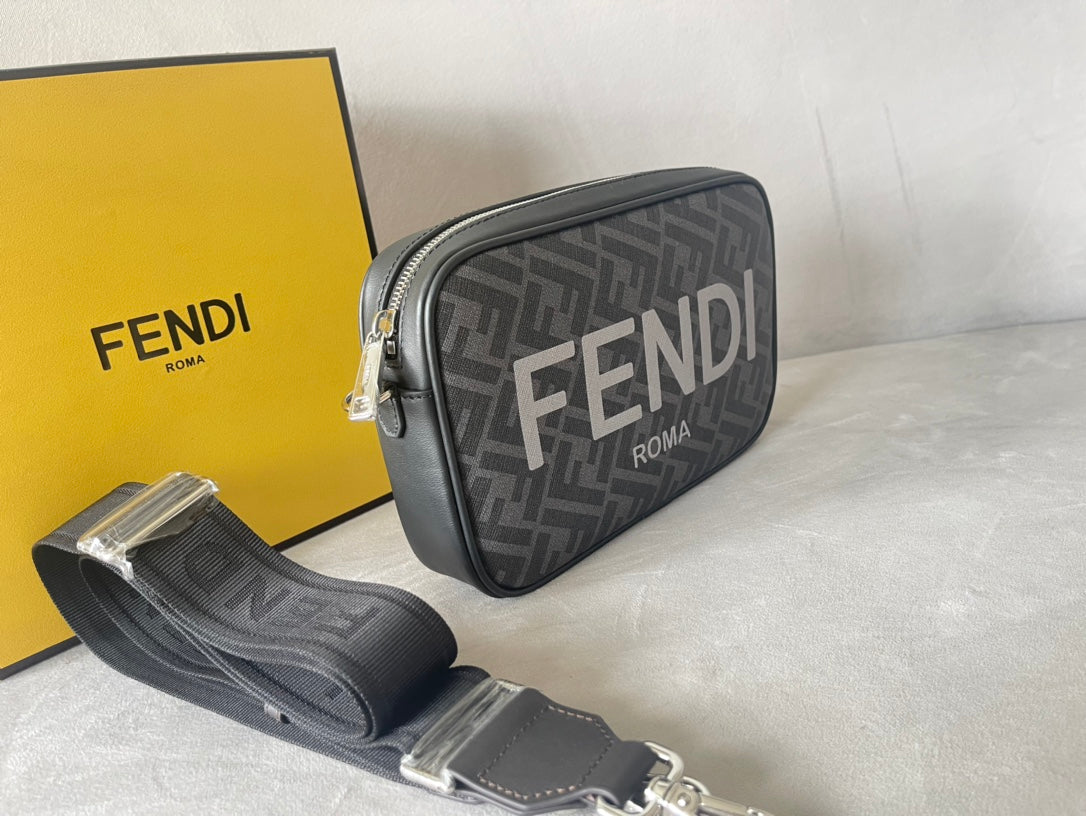 Luxury FendiLuxury FendiROMA 22 CLUTCH BAG IN DARK GREY FF CALFSKIN SILVER HARDWARE WITH WHITE LOGO