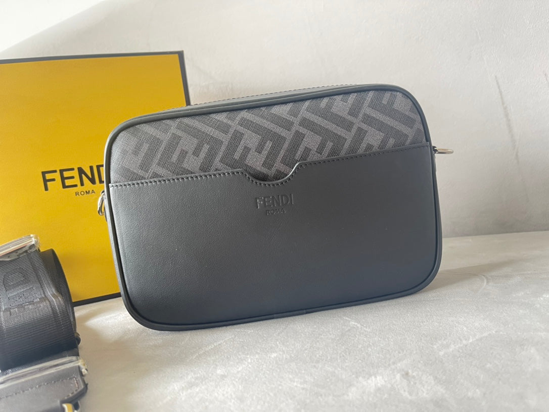 Luxury FendiLuxury FendiROMA 22 CLUTCH BAG IN DARK GREY FF CALFSKIN SILVER HARDWARE WITH WHITE LOGO