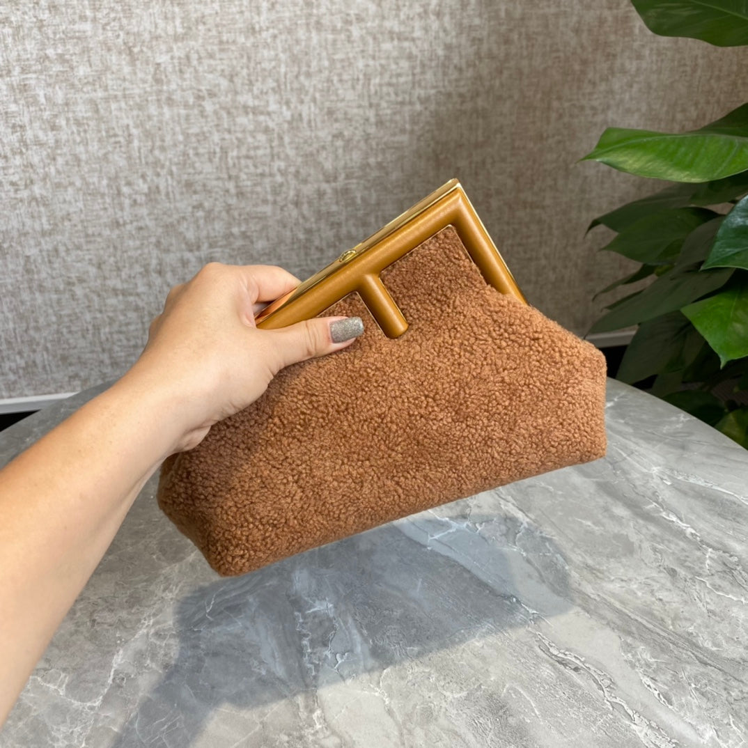 Luxury FendiLuxury FendiFIRST MINI 26 BAG IN CIDER BROWN WOOL WITH GOLD HARDWARE