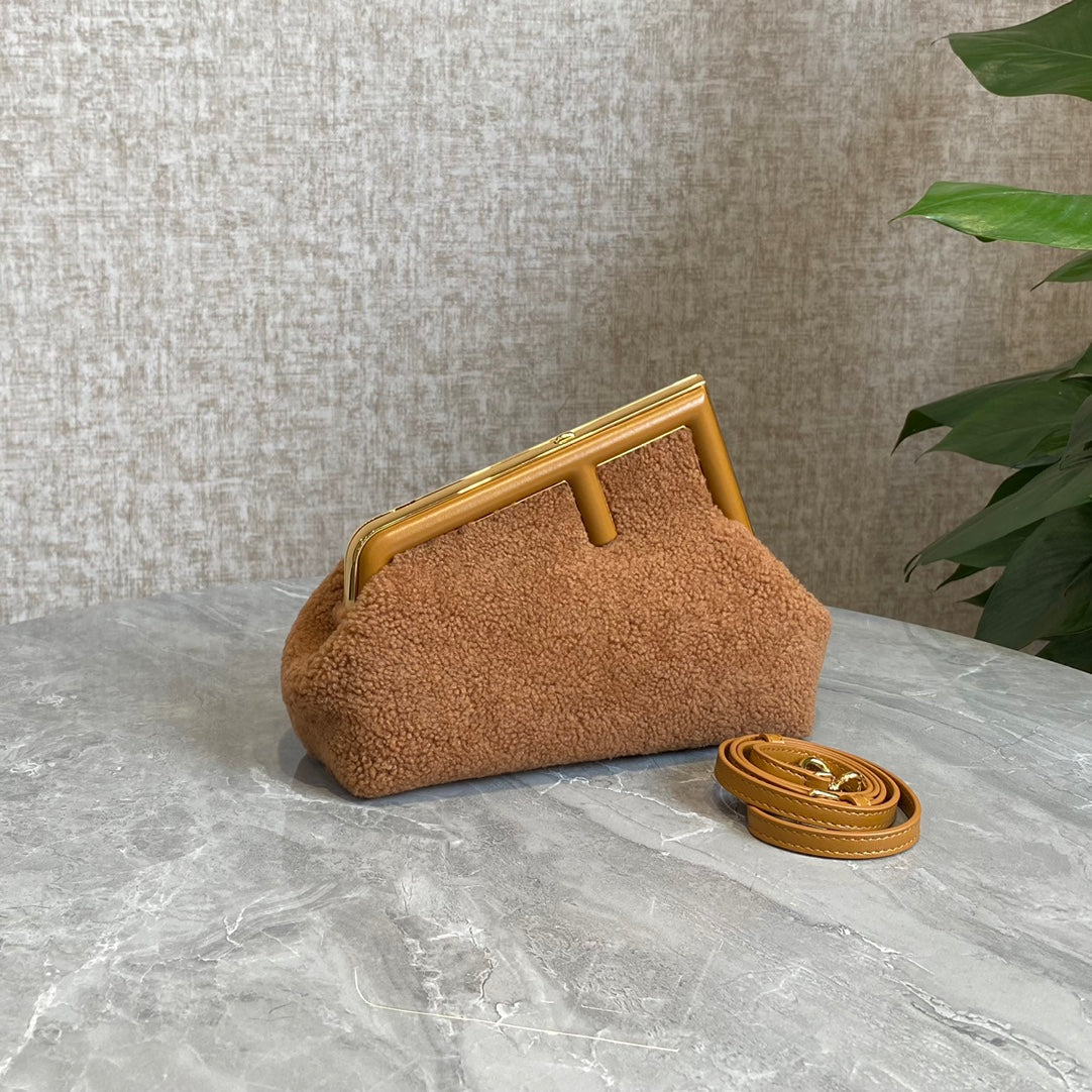 Luxury FendiLuxury FendiFIRST MINI 26 BAG IN CIDER BROWN WOOL WITH GOLD HARDWARE