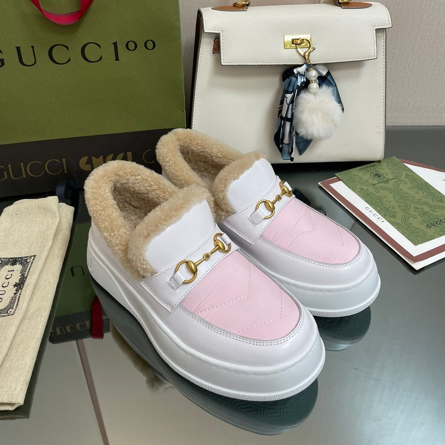 Luxury Gucci GG LOAFER IN WHITE MIX LIGHT PINK CALFSKIN WITH BEIGE WOOL LINING