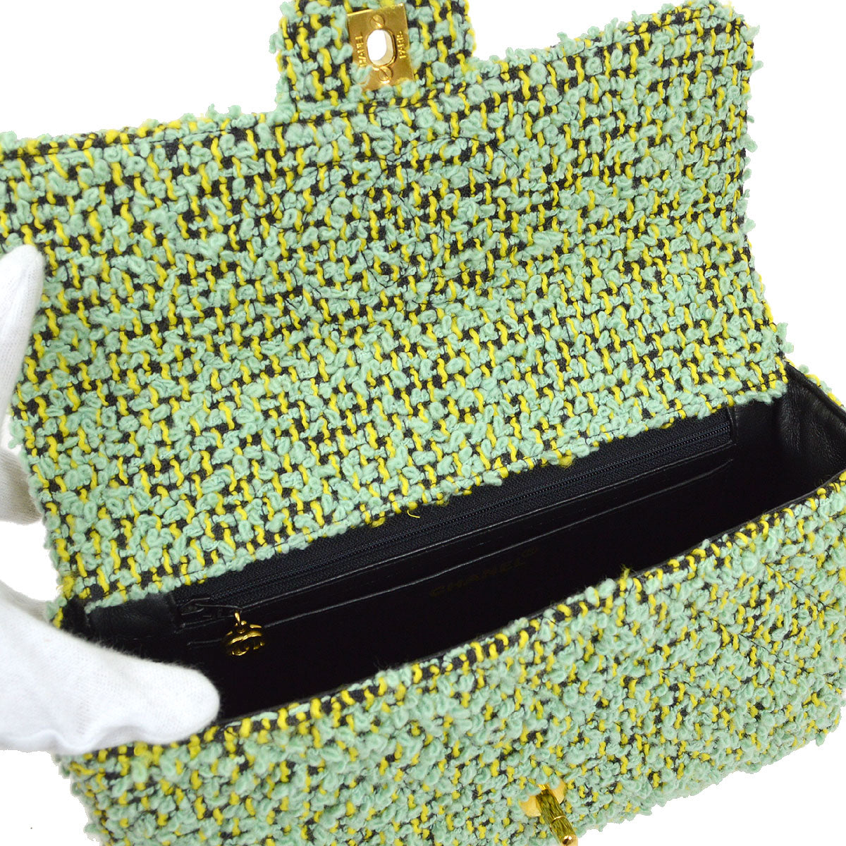 CHANEL * 1994 Classic Flap Handbag Medium Green Tweed 54084