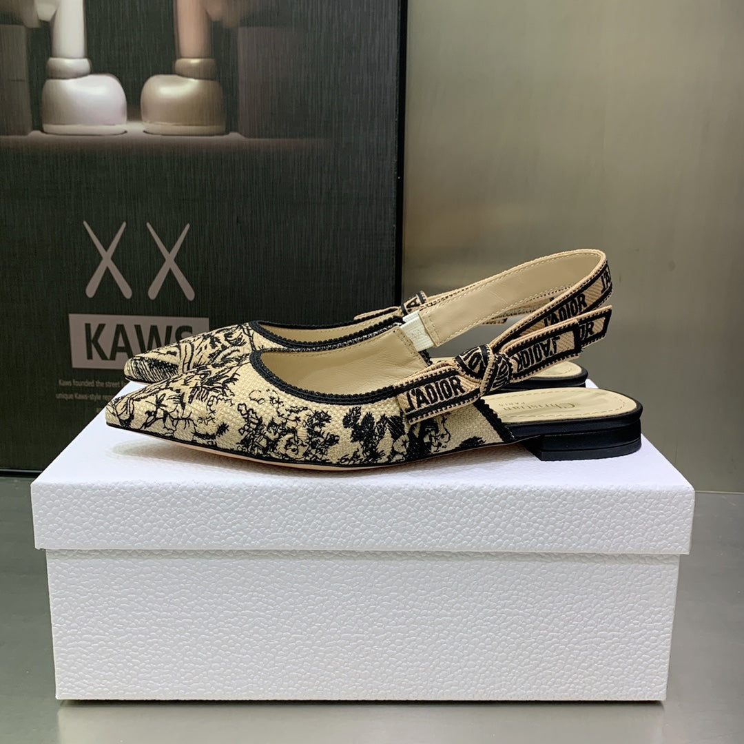 Luxury DiorJA Luxury DiorSlingback Flat Black Embroidered Cotton with Gold-Tone Metallic Thread