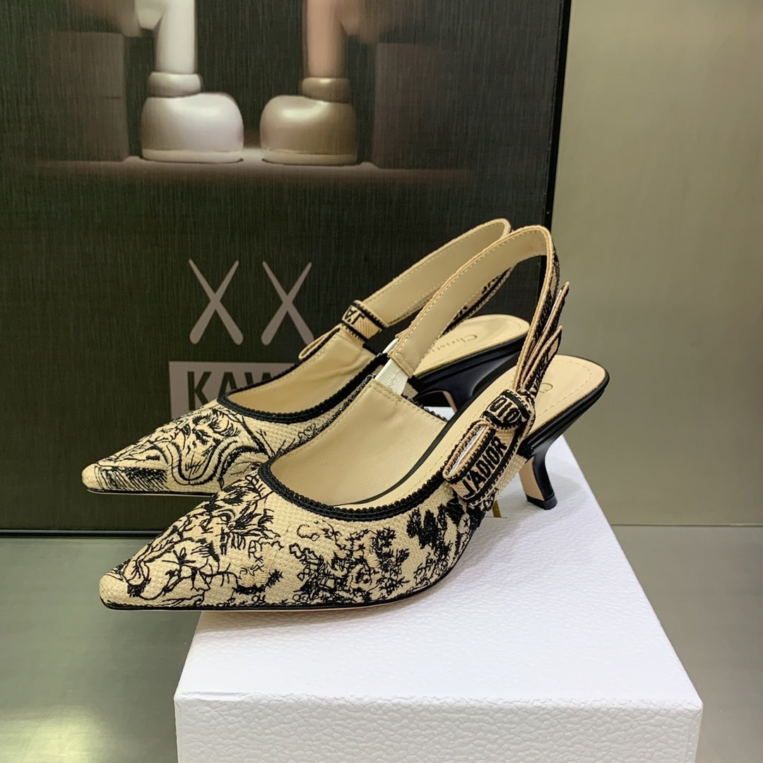 Luxury DiorJA Luxury DiorSlingback Pump 65 Black Embroidered Cotton with Gold-Tone Metallic Thread
