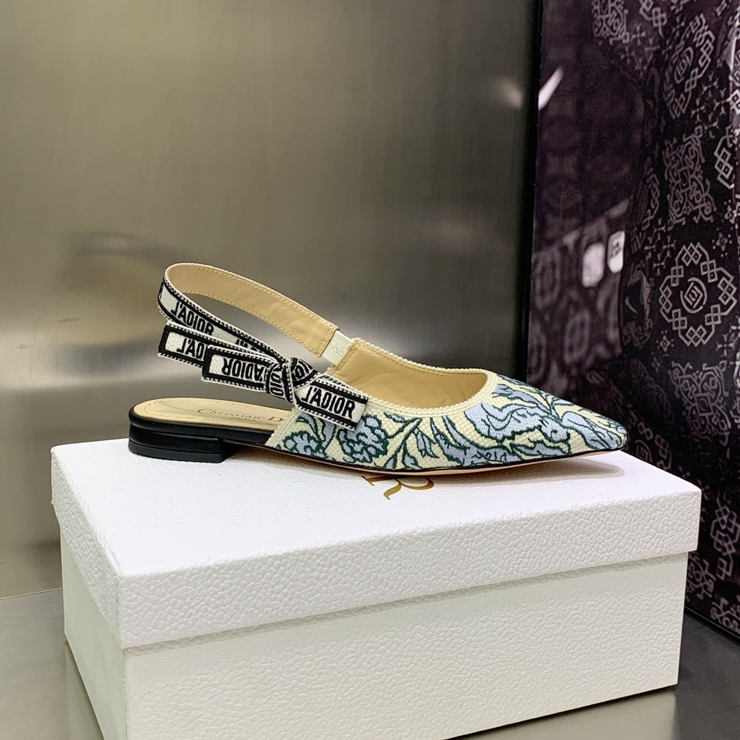 Luxury DiorJA Luxury DiorSlingback Flat Duck Blue Embroidered Cotton with Gold-Tone Metallic Thread