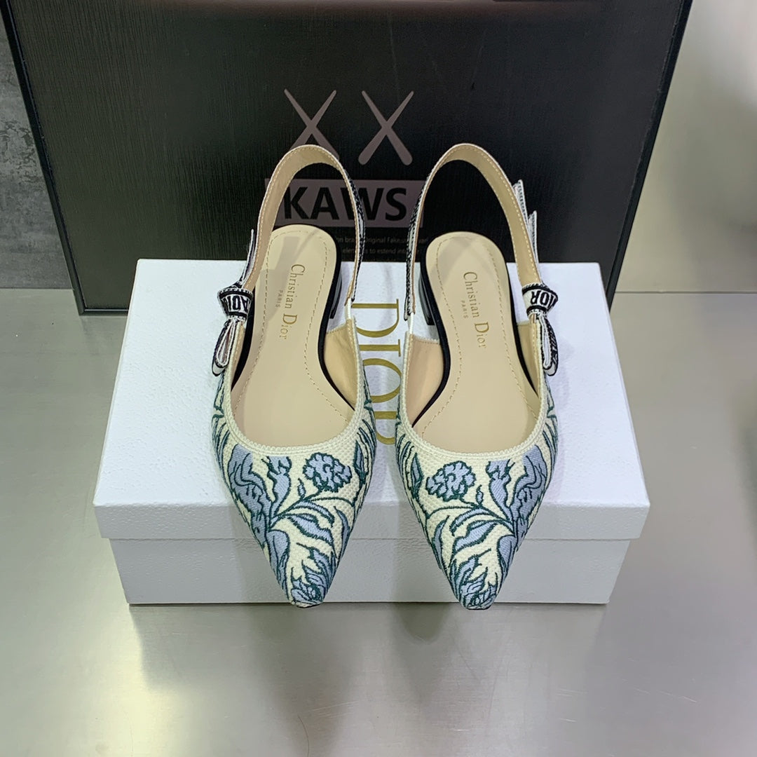 Luxury DiorJA Luxury DiorSlingback Flat Duck Blue Embroidered Cotton with Gold-Tone Metallic Thread