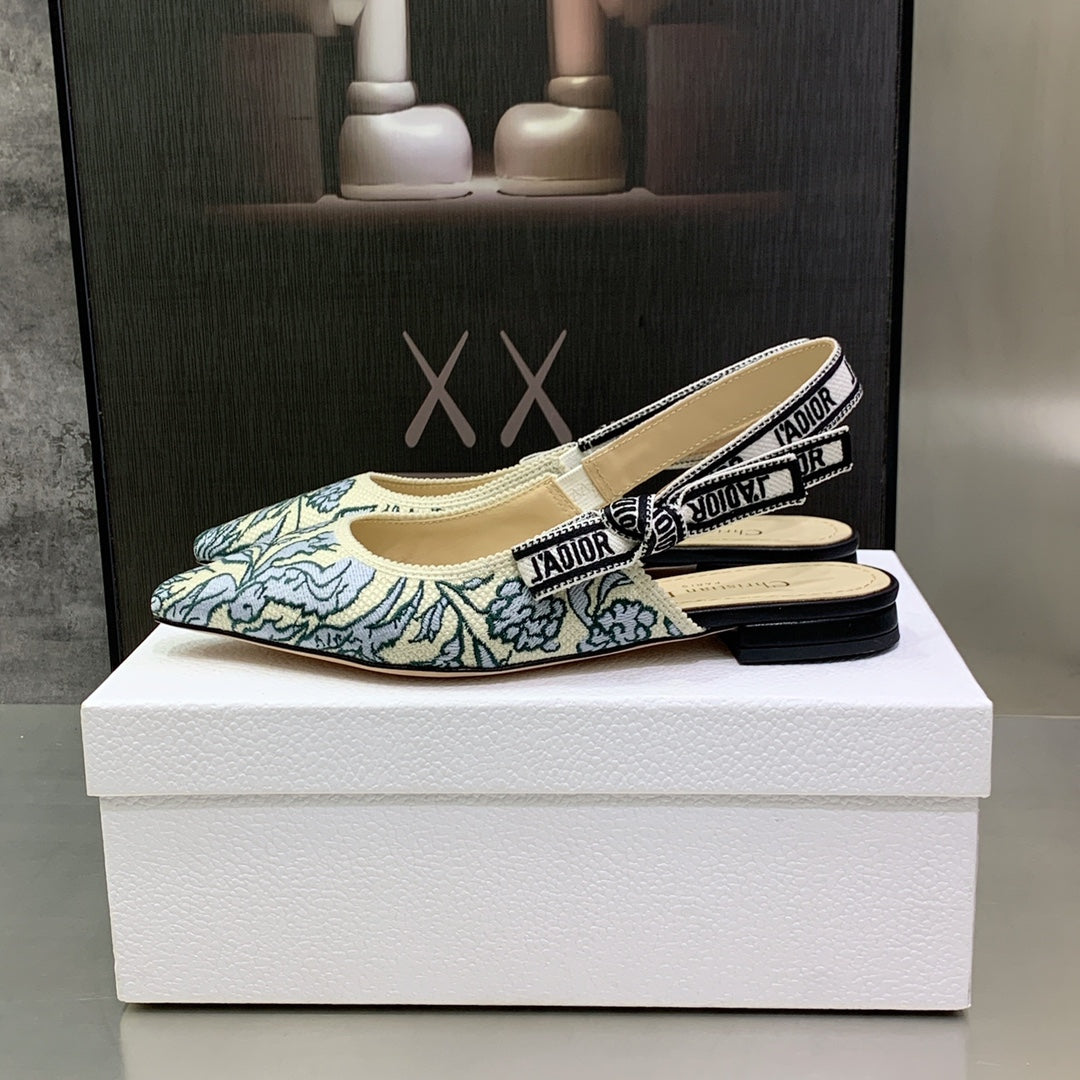 Luxury DiorJA Luxury DiorSlingback Flat Duck Blue Embroidered Cotton with Gold-Tone Metallic Thread