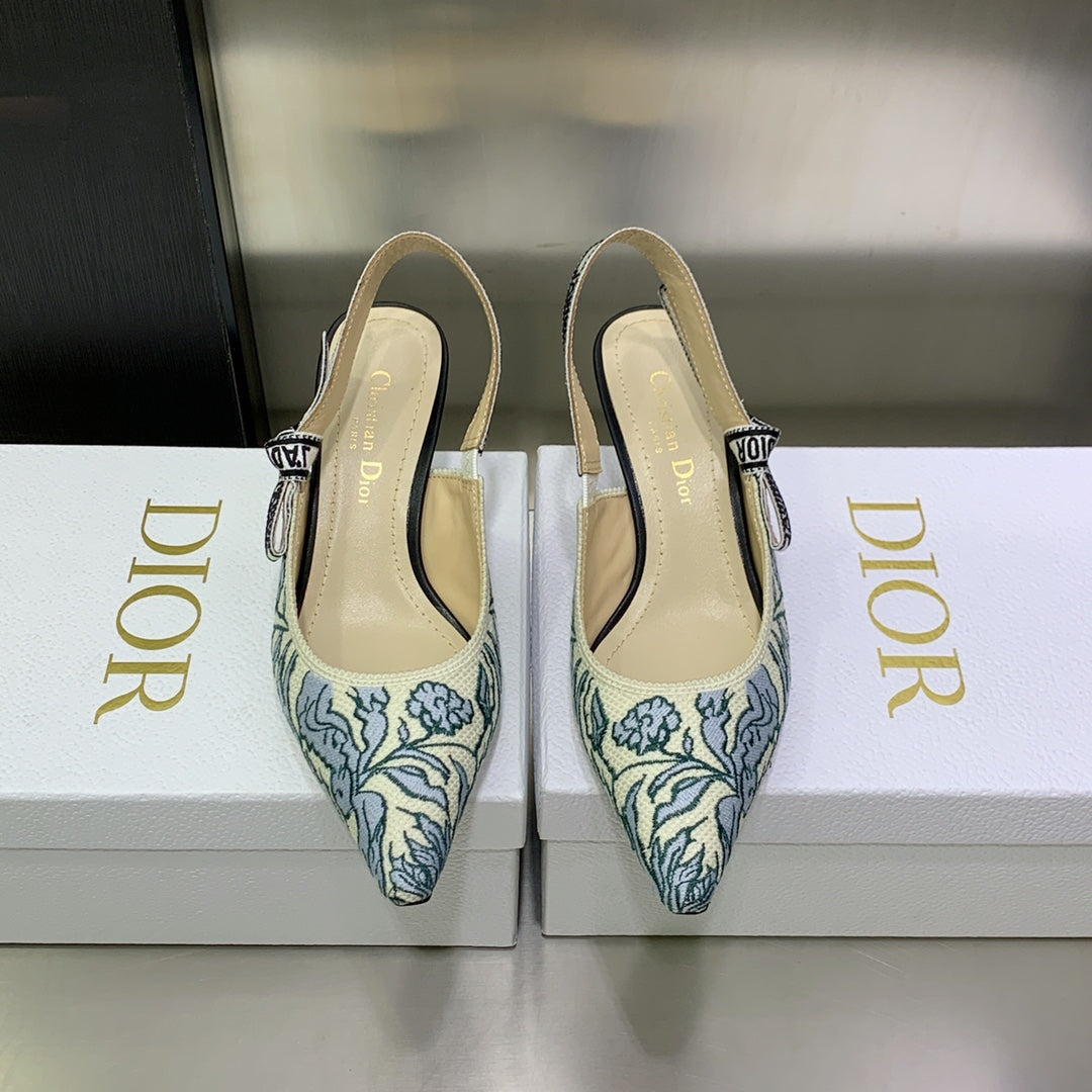 Luxury DiorJA Luxury DiorSlingback Pump 65 Duck Blue Embroidered Cotton with Gold-Tone Metallic Thread