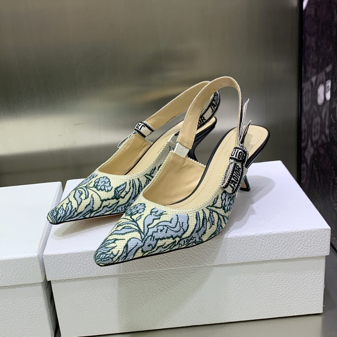 Luxury DiorJA Luxury DiorSlingback Pump 65 Duck Blue Embroidered Cotton with Gold-Tone Metallic Thread