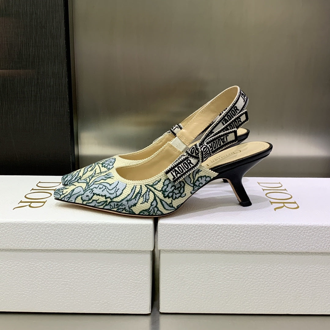 Luxury DiorJA Luxury DiorSlingback Pump 65 Duck Blue Embroidered Cotton with Gold-Tone Metallic Thread