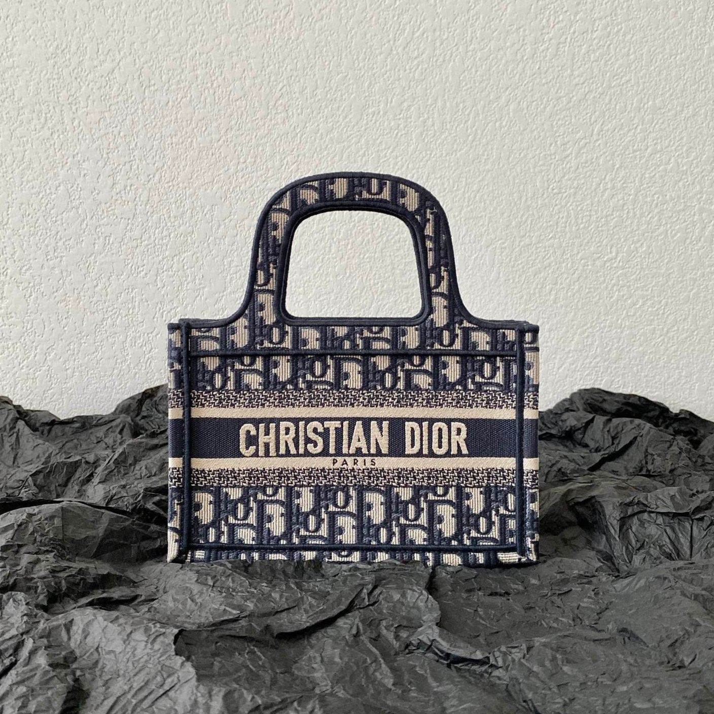 Luxury Diormini book tote 23cm blue beige embroidery canvas