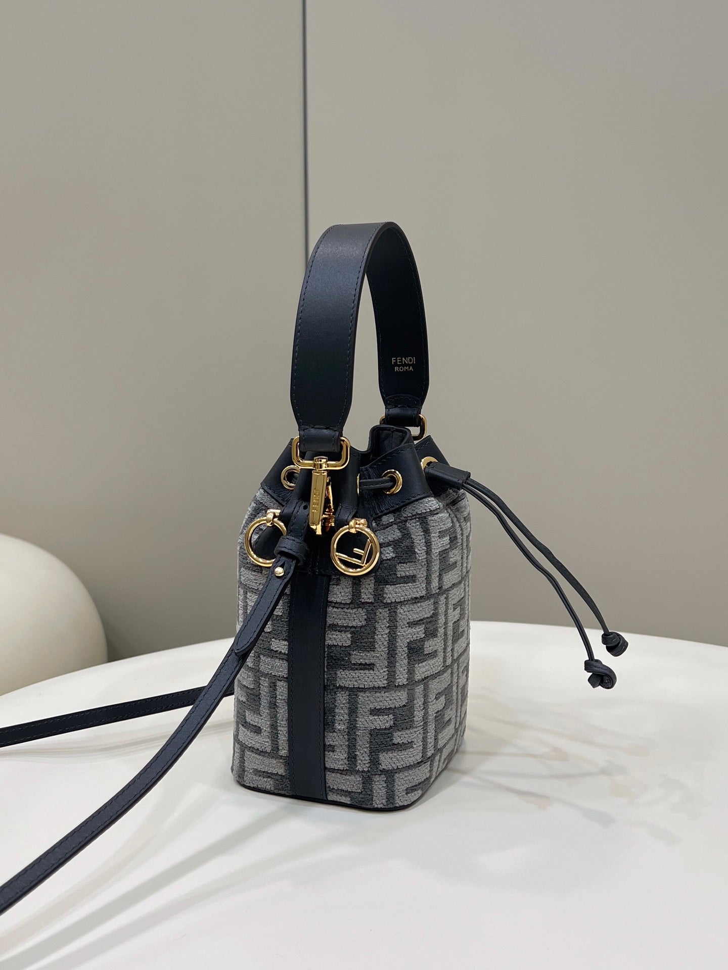 Luxury FendiMON TRESOR MINI 18 BAG IN BLACK MIX GREY FF FABRIC WITH GOLD HARDWARE