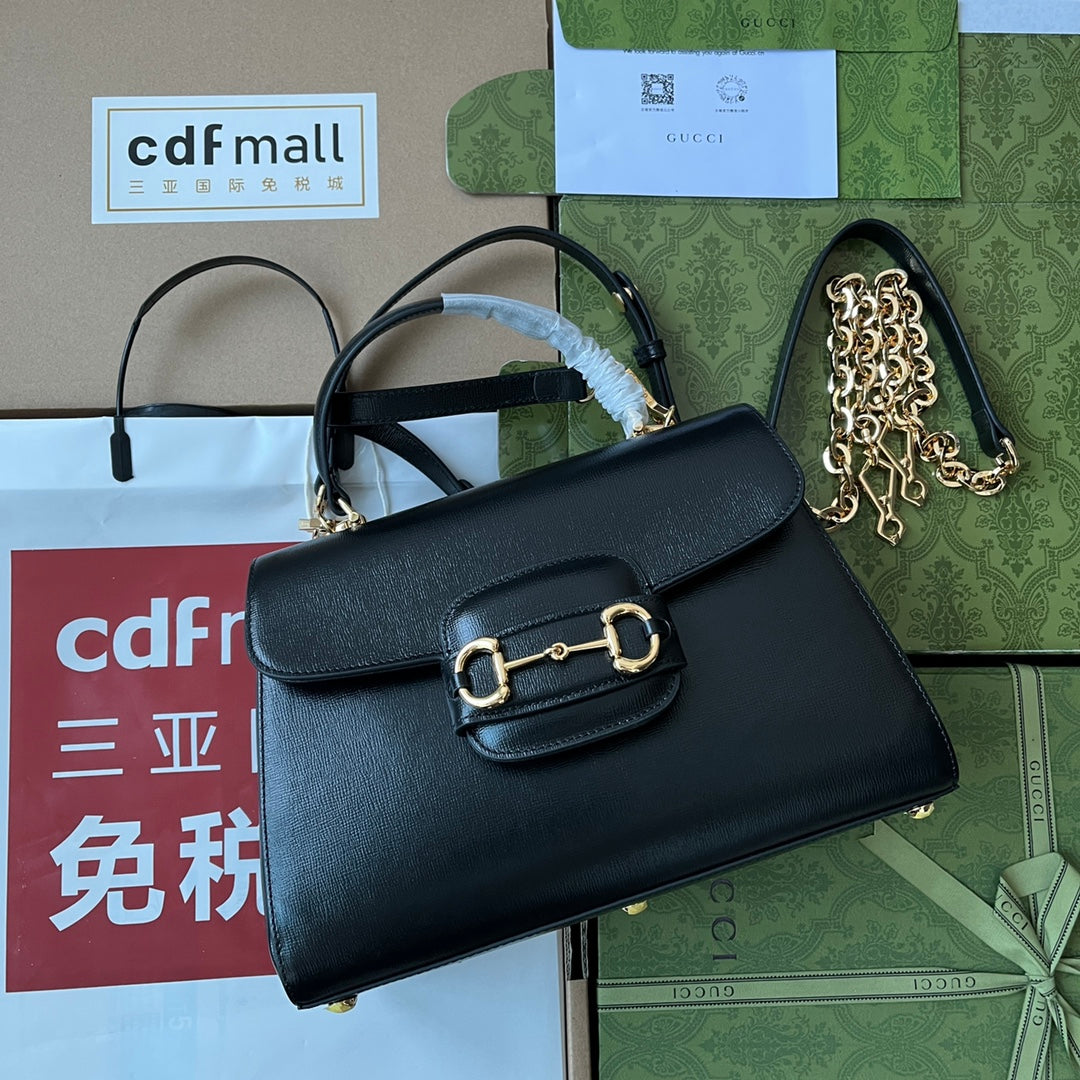 Luxury Gucci HORSEBIT 1955 MEDIUM TOP HANDLE BAG 29 IN BLACK CALFSKIN GOLD HARDWARE