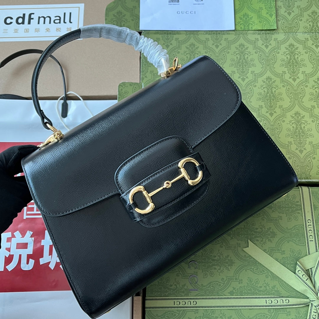 Luxury Gucci HORSEBIT 1955 MEDIUM TOP HANDLE BAG 29 IN BLACK CALFSKIN GOLD HARDWARE