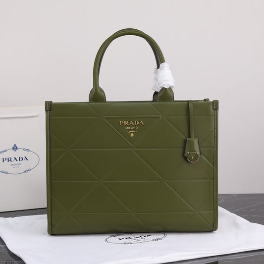 Luxury PradaLARGE 39 TOTE IN OLIVE GREEN CALFSKIN GOLD HARDWARE