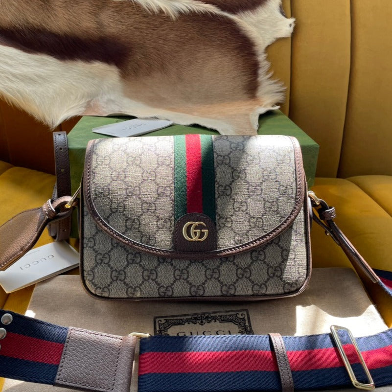 Luxury Gucci GG OPHIDIA SMALL 23 BAG IN BEIGE AND EBONY SUPREME CANVAS