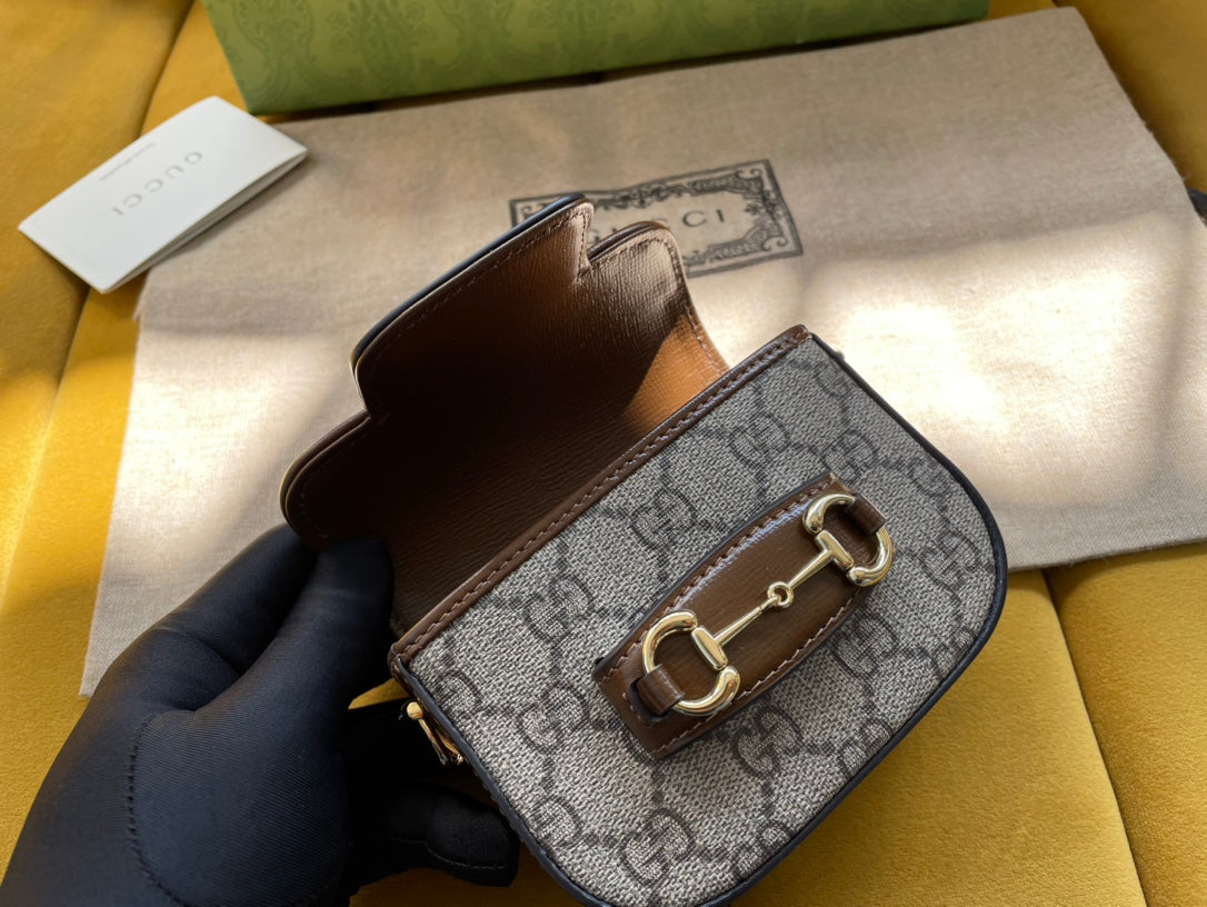 Luxury Gucci GG 12 HORSEBIT 1955 SUPER MINI BAG BEIGE CANVAS AND EBONY CALFSKIN